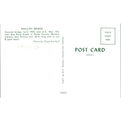 Phillips Bridge Parke County Big Pond Creek IN Covered Bridge Postcard PC6