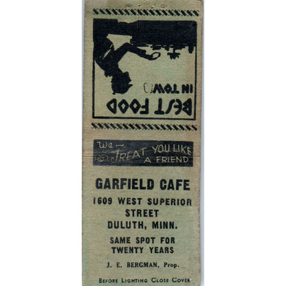 Garfield Cafe J.E. Bergman Duluth MN Vintage Matchbook Cover SD4-Y1