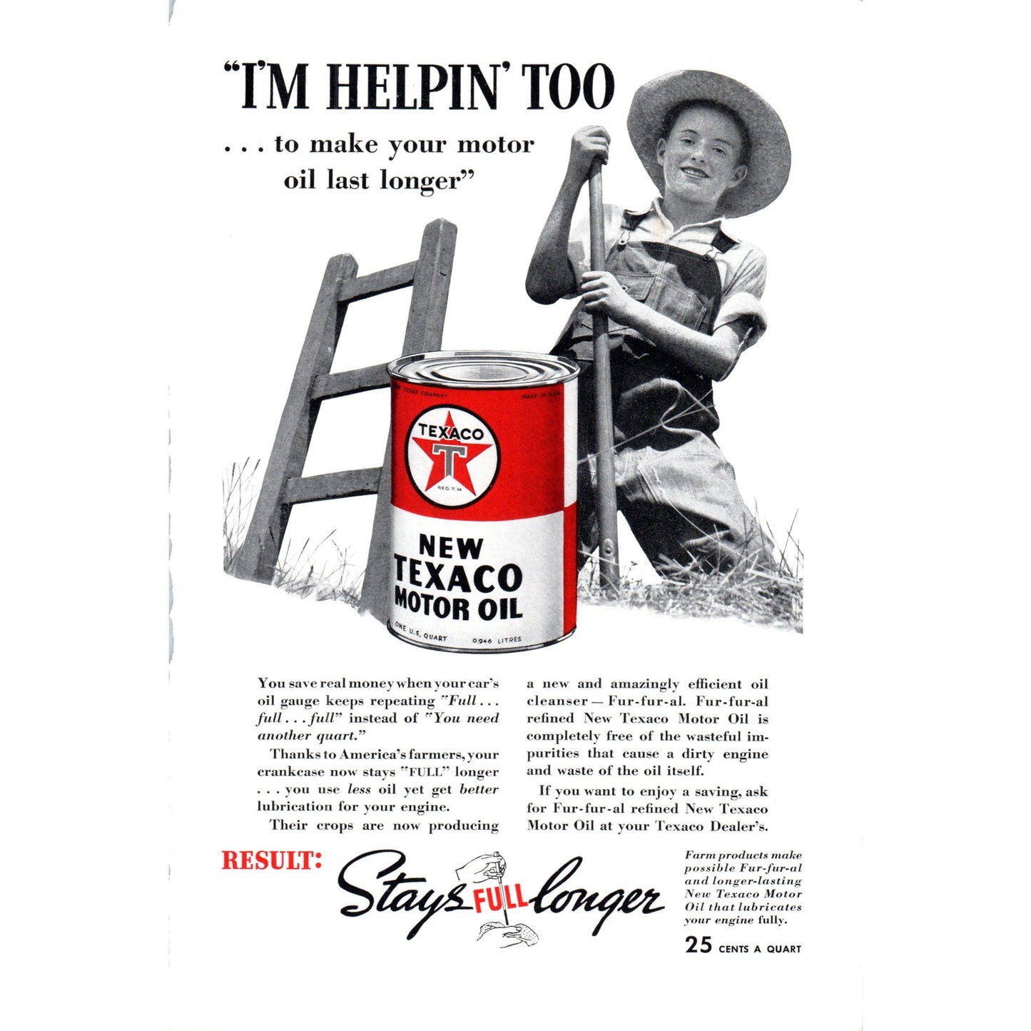 New Texaco Motor Oil - Farmer Boy Helpin' Too - Vintage Magazine Ad D18