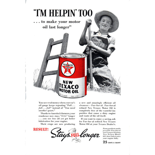 New Texaco Motor Oil - Farmer Boy Helpin' Too - Vintage Magazine Ad D18