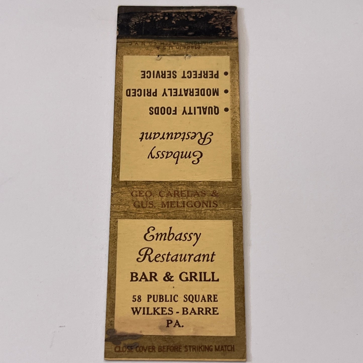 Embassy Restaurant Bar & Grill Wilkes-Barre PA Matchbook Cover TB6-MB1-15