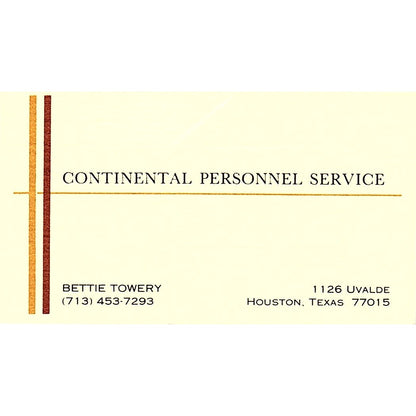 Continental Personnel Service Bettie Towery Texas Vintage Business Card SF3-B8