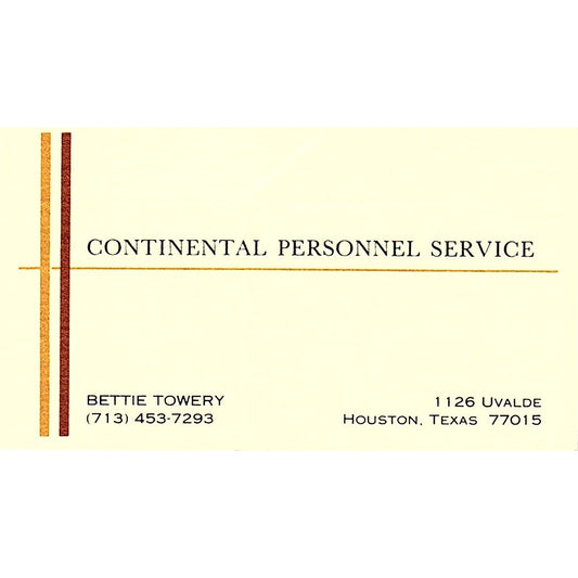 Continental Personnel Service Bettie Towery Texas Vintage Business Card SF3-B8