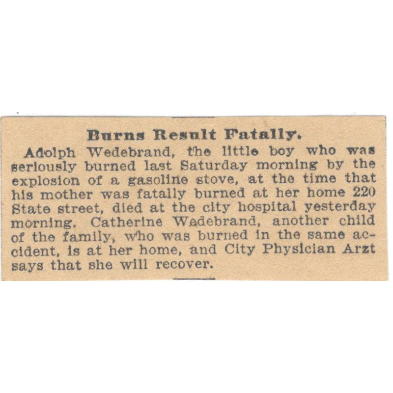 Adolph Wedebrand Burned By Gas Stove St. Paul 1898 Newspaper Ad AF2-S7