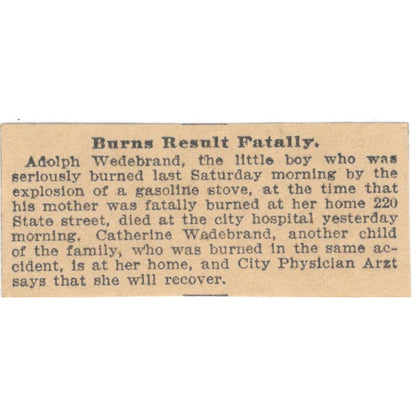 Adolph Wedebrand Burned By Gas Stove St. Paul 1898 Newspaper Ad AF2-S7