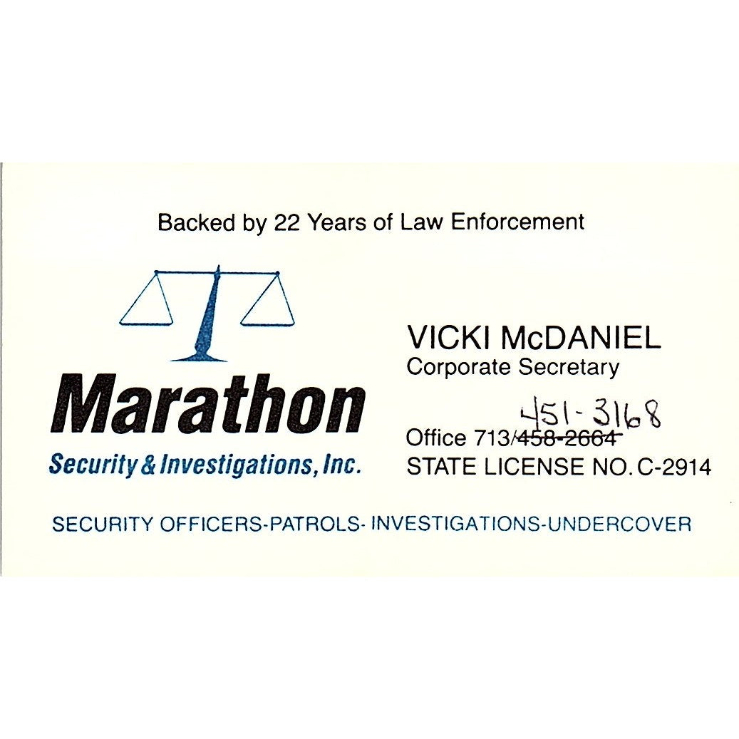 Marathon Security & Investigations Vicki McDaniel Vintage Business Card SB4-B3