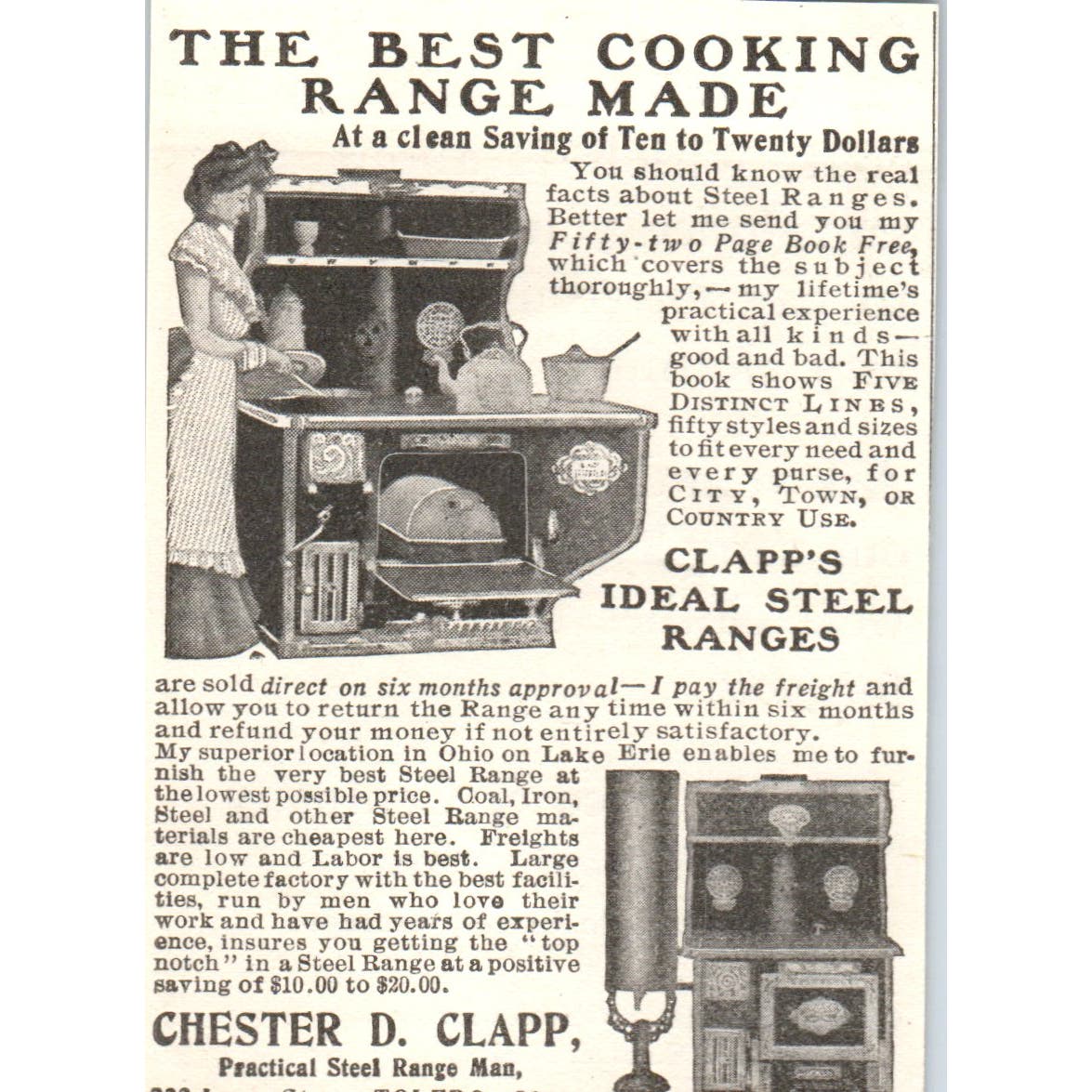 Chester D. Clapp Stele Ranges Toledo OH c1905 Original Advertisement AE7-A1