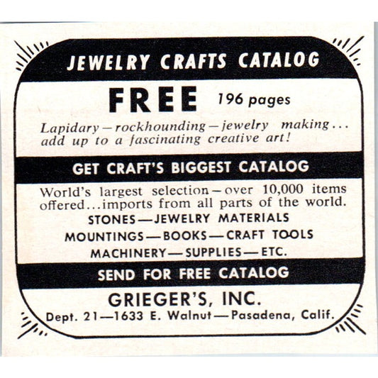 Grieger's Inc Jewelry Crafts Pasadena California 1964 Magazine Ad AB6-M1