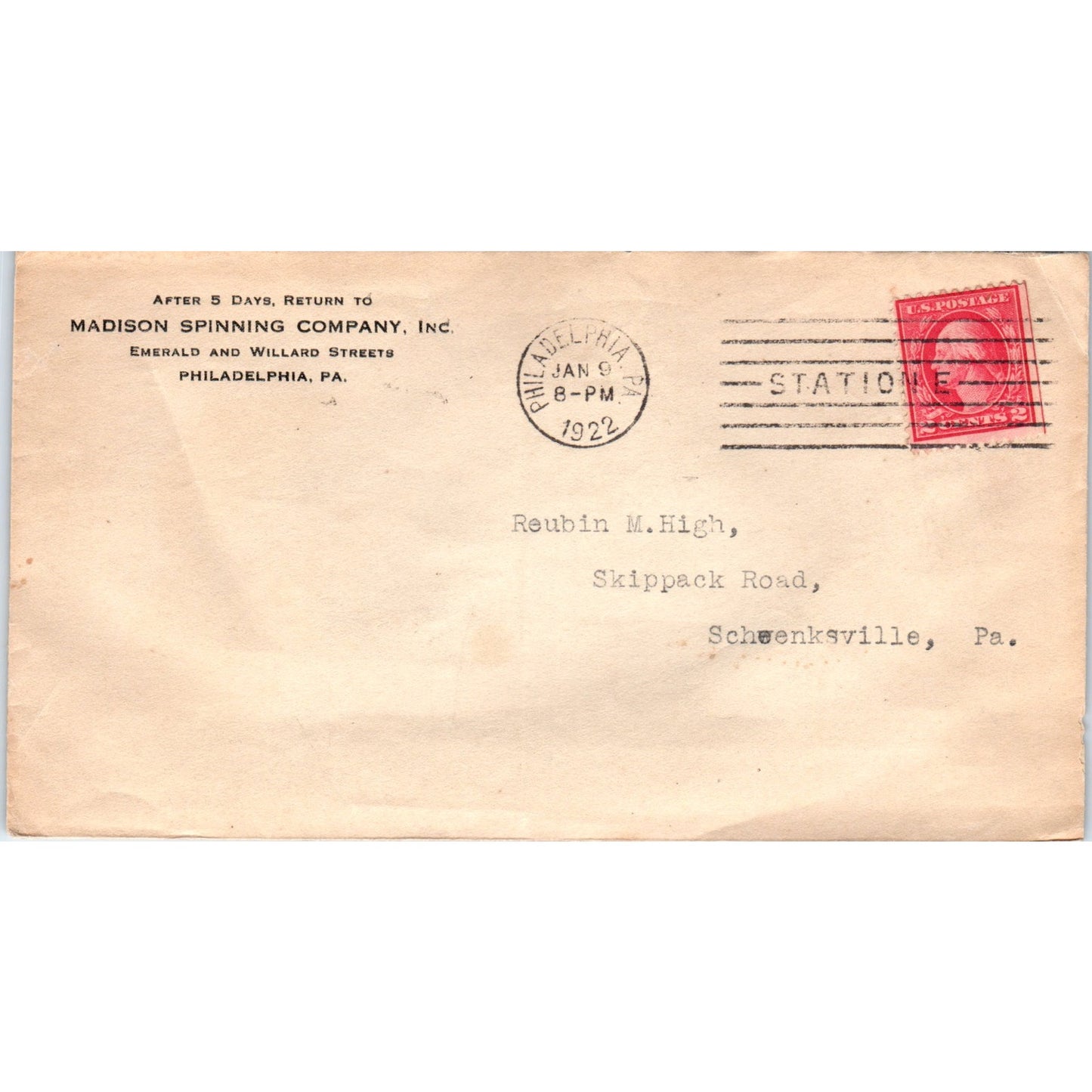 1922 Madison Spinning Co Philadelphia PA Postal Cover Envelope TG7-PC2