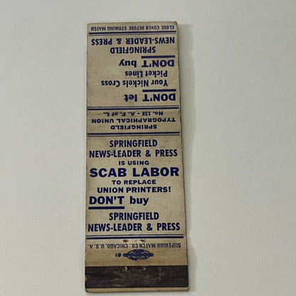 Springfield News-Leader Strike Scab Labor 158 AFL Vintage Matchbook Cover MB8-5