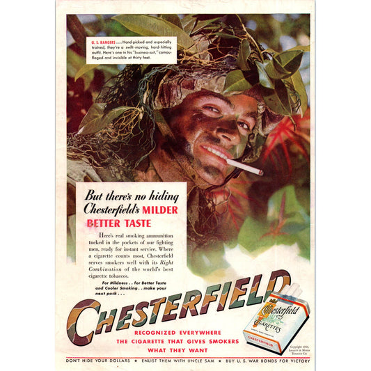 1943 WWII US Rangers Chesterfield Vintage Magazine Ad D10