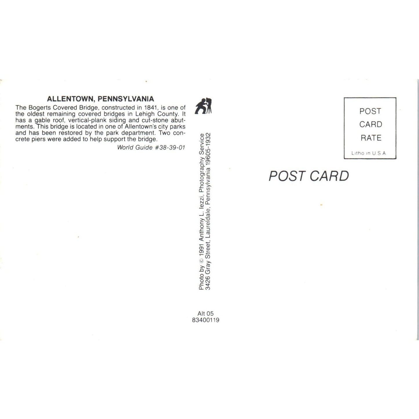 Bogerts Bridge Allentown Pennsylvania Covered Bridge Postcard PB12