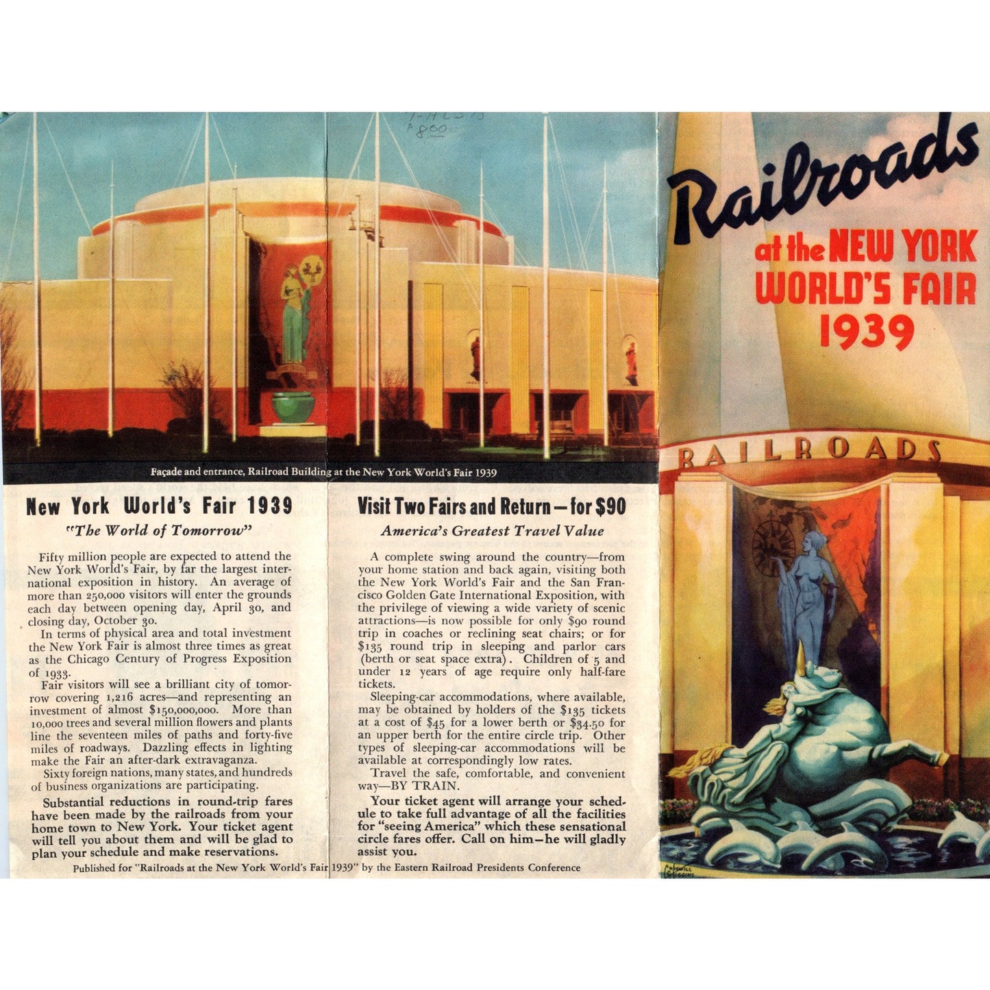 1939 Railroads at the New York World's Fair Fold Out Map & Brochure AF2-A4