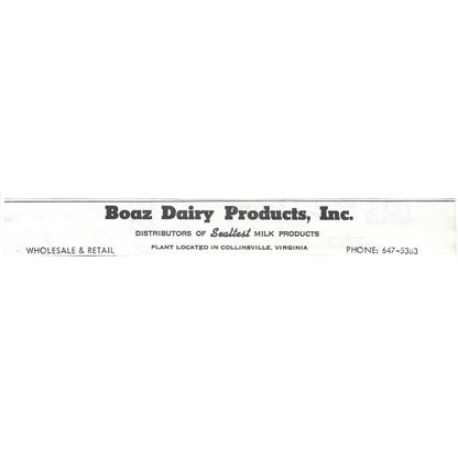 Boaz Dairy Products Inc Sealtest Milk Products Collinsville VA 1960s Ad AG2-5
