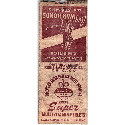 1940s WWII Kries Super Multivitamin Pearlets War Bonds Matchbook Cover SF3-Y1