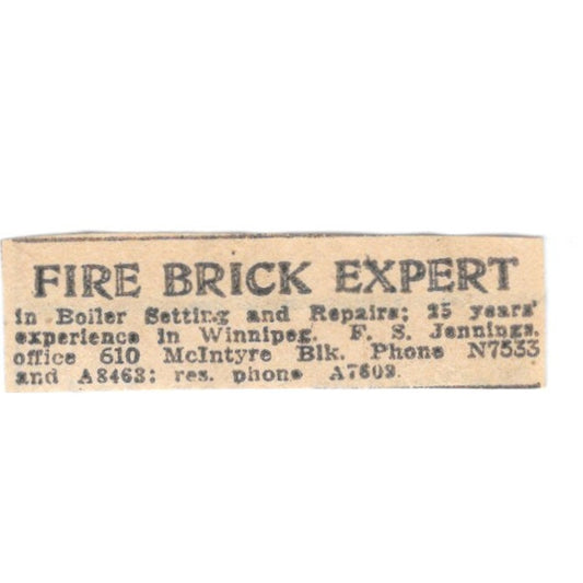 Fire Brick Expert Boiler Repairs F.S. Jennings McIntyre Winnipeg 1920 Ad AG2-S3