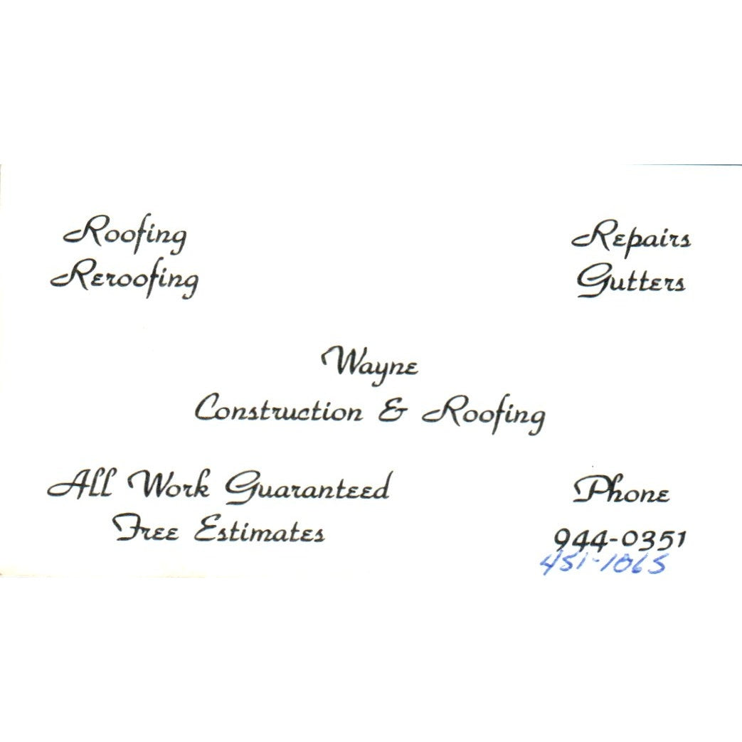 Wayne Construction & Roofing Houston TX Vintage Business Card SD8-B14