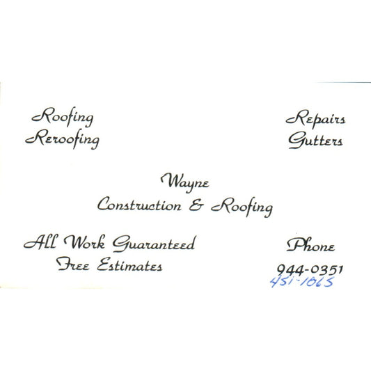 Wayne Construction & Roofing Houston TX Vintage Business Card SD8-B14