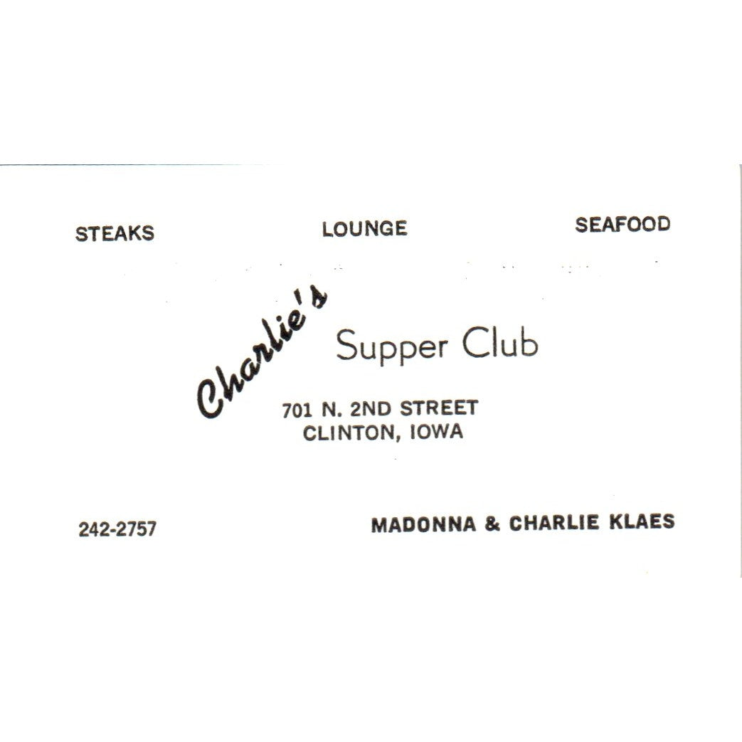 Charlie's Supper Club Madonna & Charlie Klaes Clinton IA Business Card SD8-B7
