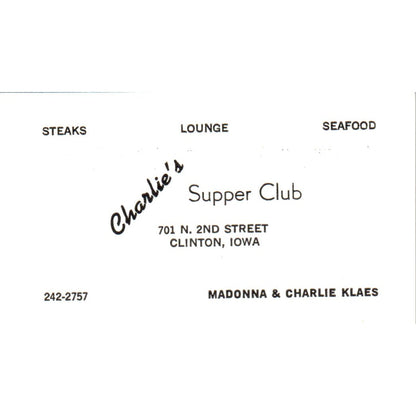 Charlie's Supper Club Madonna & Charlie Klaes Clinton IA Business Card SD8-B7