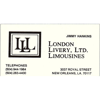 London Liverly Ltd. Jimmy Hankins New Orleans LA Vintage Business Card SB4-B5