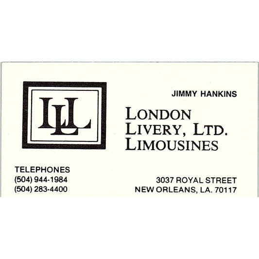 London Liverly Ltd. Jimmy Hankins New Orleans LA Vintage Business Card SB4-B5