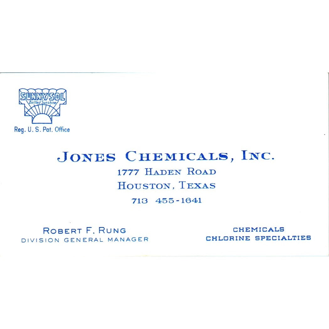 Robert F Rung Jones Chemicals Inc Houston Vintage Business Card SE3-B10