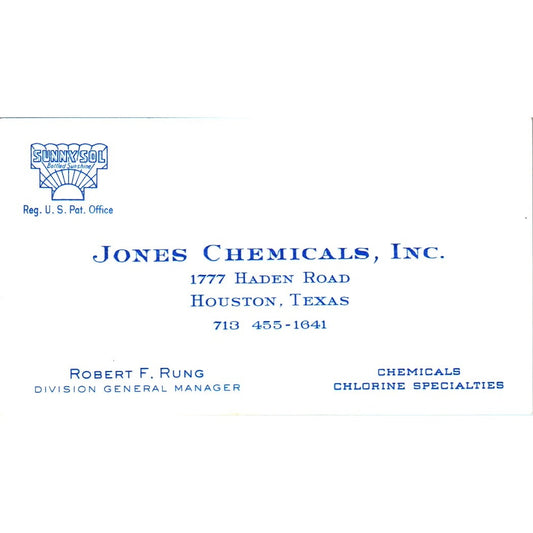 Robert F Rung Jones Chemicals Inc Houston Vintage Business Card SE3-B10