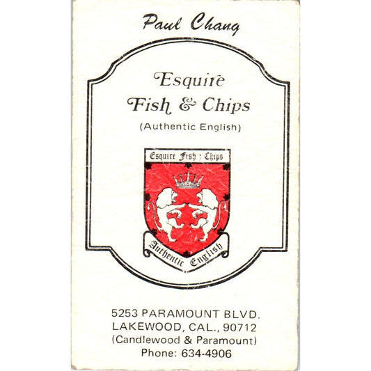 Esquire Fish & Chips Lakewood CA Paul Chang Vintage Business Card SD8-B7