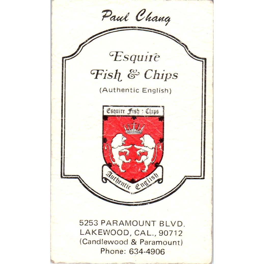 Esquire Fish & Chips Lakewood CA Paul Chang Vintage Business Card SD8-B7