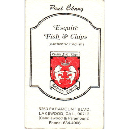 Esquire Fish & Chips Lakewood CA Paul Chang Vintage Business Card SD8-B7