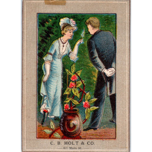 C.B. Holt & Co Woman Lighting Man's Cigarette c1880 Victorian Trade Card AF1-AP8