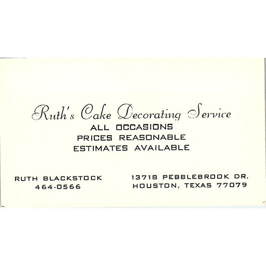 Ruth Blackstock Cake Decorating Service Houston Vintage Business Card SD9-B6