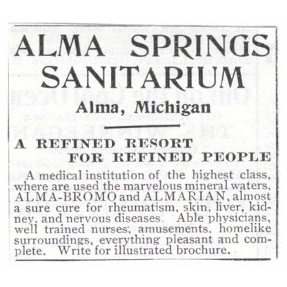 Alma Springs Sanitarium Alma MI c1918 Original Advertisement AE5-SV2
