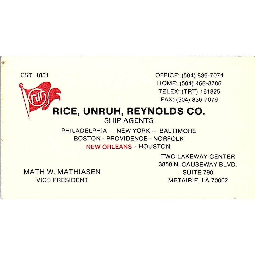 Math W Mathiasen Rice, Unruh, Reynolds & Co Metairie LA Vtg Business Card SD9-B9