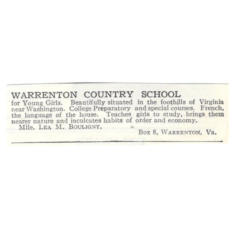Warrenton VA Country School Lea M Bouligny c1918 Original Advertisement AE5-SA4