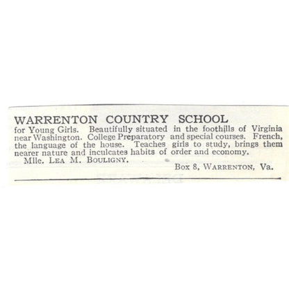 Warrenton VA Country School Lea M Bouligny c1918 Original Advertisement AE5-SA4
