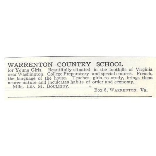 Warrenton VA Country School Lea M Bouligny c1918 Original Advertisement AE5-SA4