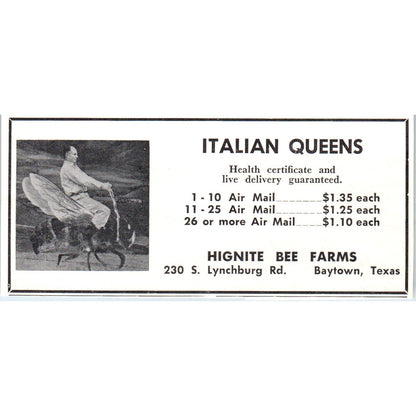 Italian Queens Hignite Bee Farms Baytown Texas 1961 Magazine Ad AB6-LB