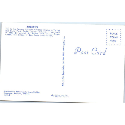 Narrows Bridge Turkey Run State Park IN Vintage Covered Bridge Postcard PD1