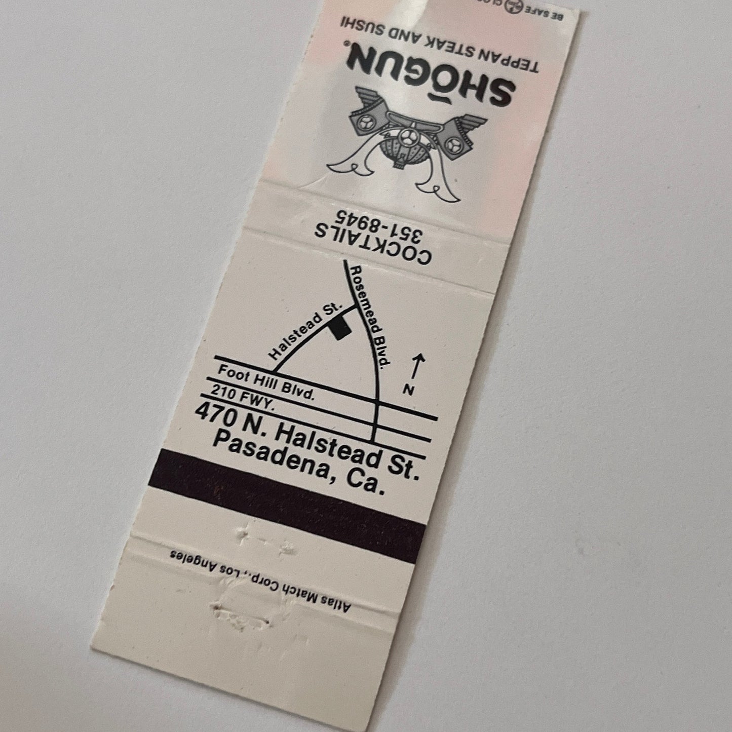 Shogun Teppan Steak and Sushi Pasadena CA Vintage Matchbook Cover TB6-MB2-1