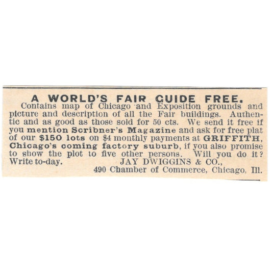 Jay Dwiggins & Co World's Fair Guide Chicago IL 1892 Magazine Ad AK6-S2