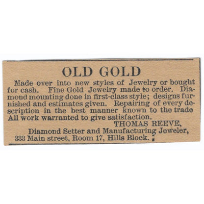 Thomas Reeve Jeweler Diamond Setter Hartford 1886 Newspaper Ad AF7-SS8