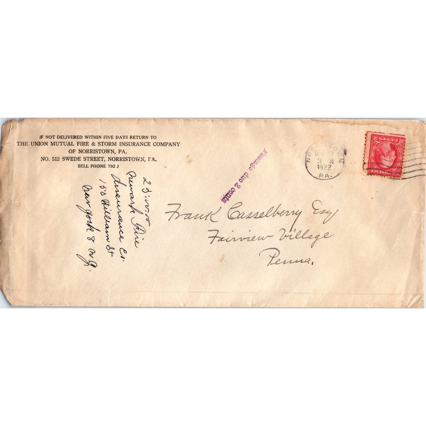 1922 Frank Casselberry Esq Fairview Village PA Postal Cover Envelope TH9-L1