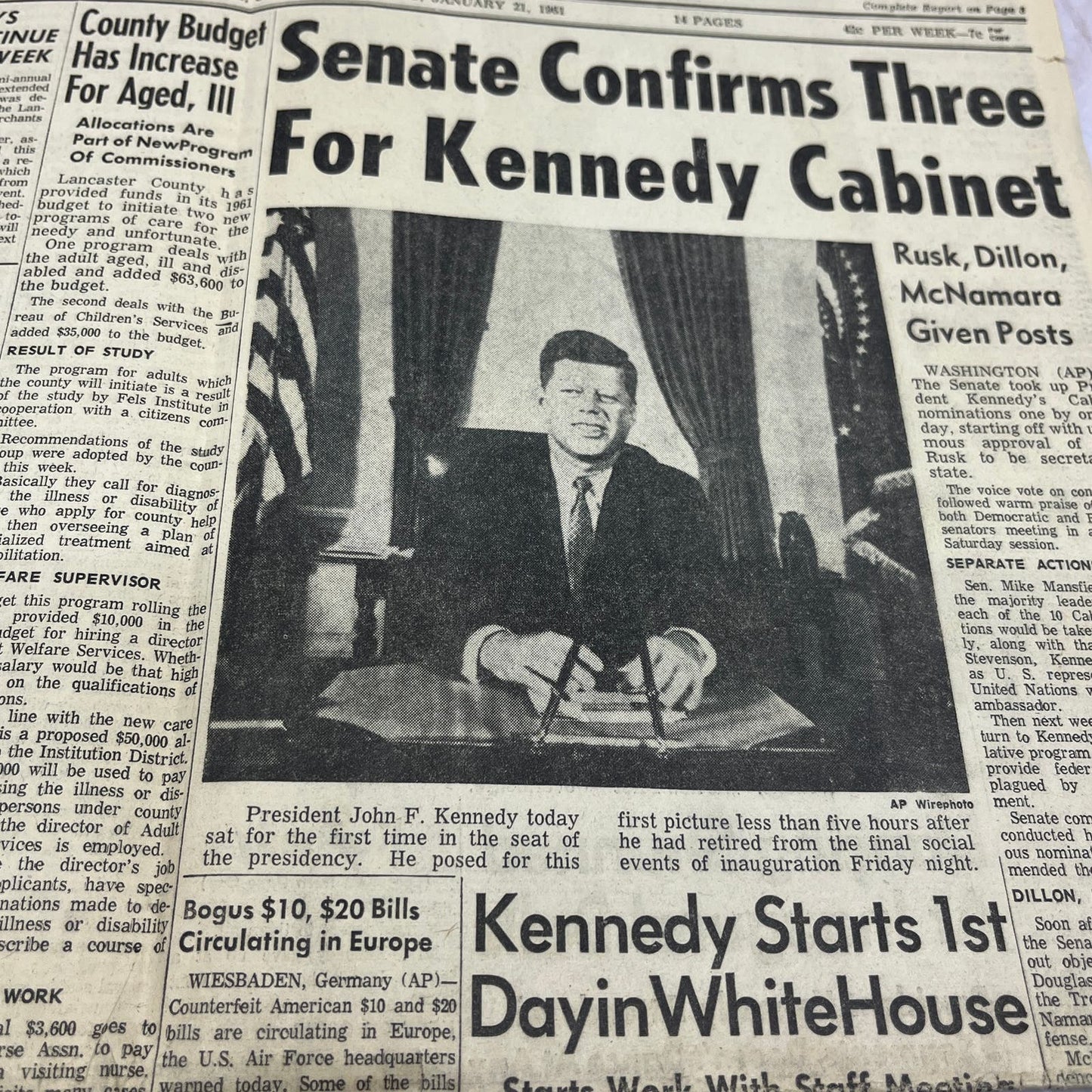 Lancaster News Era Jan 21, 1961 JFK Kennedy First Day in Office Newspaper FL6-7