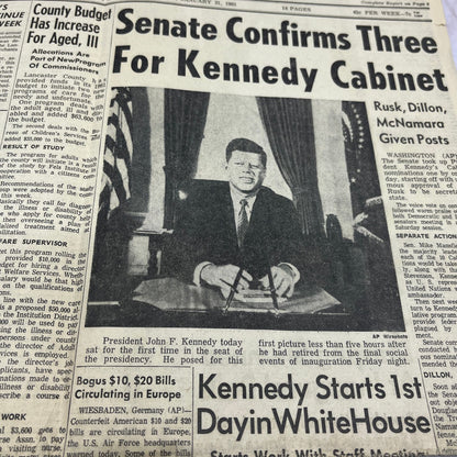 Lancaster News Era Jan 21, 1961 JFK Kennedy First Day in Office Newspaper FL6-7