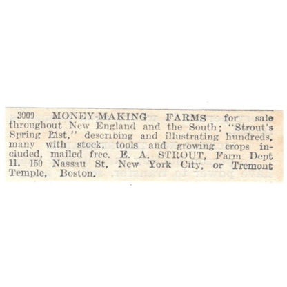 Money Making Farms E.A. Strout NY, Boston 1905 Magazine Ad AF1-NES1