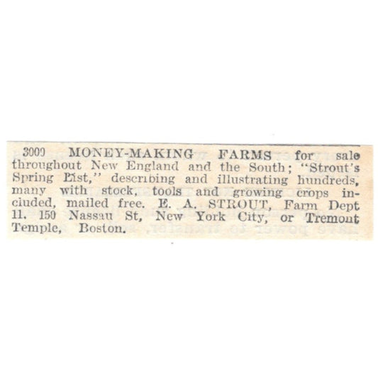 Money Making Farms E.A. Strout NY, Boston 1905 Magazine Ad AF1-NES1