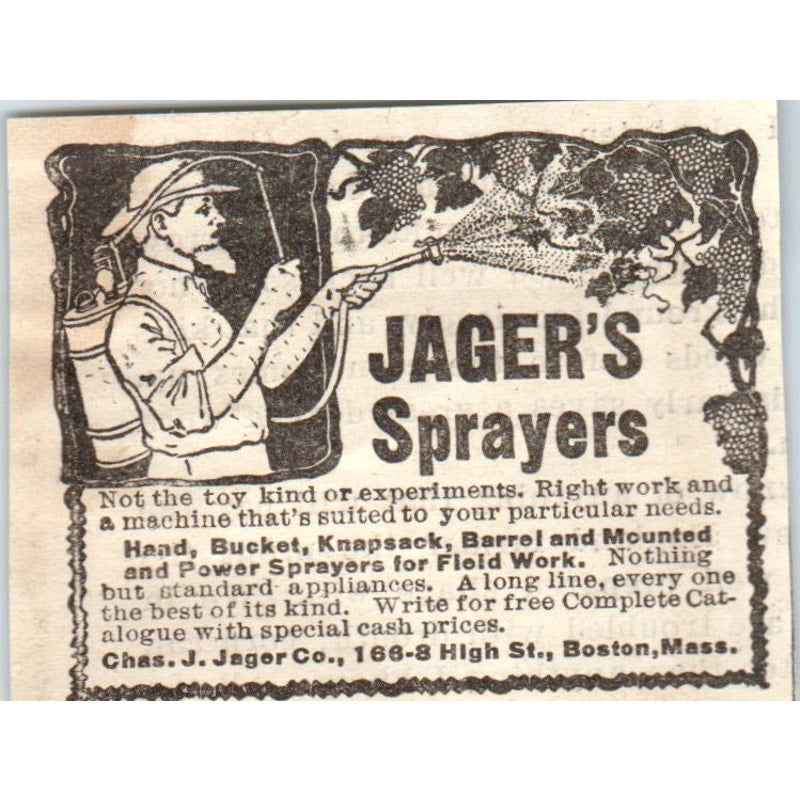Chas. J. Jaeger Co Sprayers for Field Work Boston MA 1905 Magazine Ad AF1-NH2