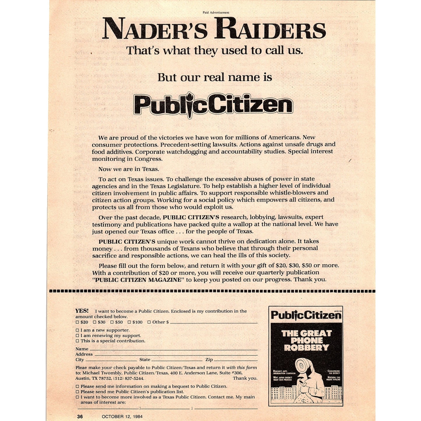 Nader's Raiders Public Citizen Austin Texas Ralph Nader 1984 Ad AF6-9